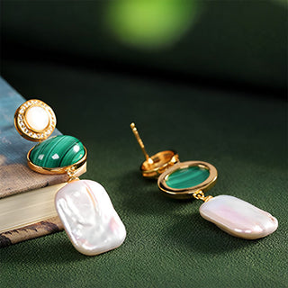 Buddha Gift 925 Sterling Silver Natural Baroque Pearl Malachite Healing Wisdom Drop Earrings