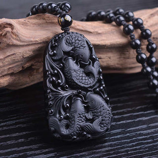 Buddha Gift Black Obsidian Koi Fish Engraved Strength Beaded Necklace Pendant