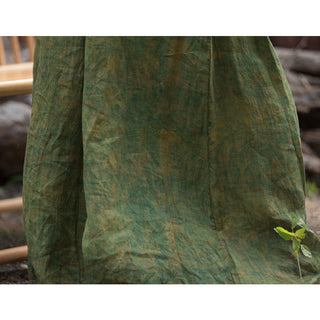 Buddha Gift Green Yellow Ramie Linen Flexible Waistband Wide Leg Pants With Pockets