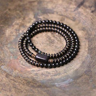 Buddha Gift Rainbow Obsidian Ebony Wood Copper Healing Triple Wrap Bracelet