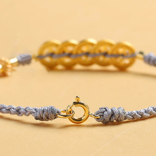 Buddha Gift Copper Coin Fortune Tree Pearl Luck Blue Rope Braided Bracelet