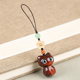 Buddha Gift Mini Small Leaf Red Sandalwood Ebony Wood Lucky Cat Lovely Kitty Peace Key Chain Phone Hanging Decoration