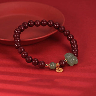 Buddha Gift 925 Sterling Silver Year of the Dragon Natural Cinnabar Hetian Jade Dragon Fu Character Ruyi As One Wishes Charm Blessing Bracelet