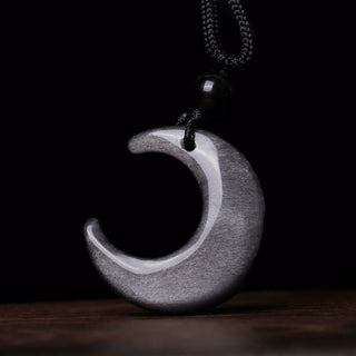 Buddha Gift Natural Silver Sheen Obsidian Selenite Crystal Crescent Moon Yin Yang Couple Protection Necklace Pendant