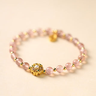 Buddha Gift 14K Gold Plated Natural Strawberry Quartz Labradorite Sun Stone Fu Character Positive Charm Bracelet