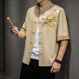Buddha Gift Frog-Button Chinese Dragon Auspicious Cloud Embroidery Half Sleeve Shirt Cotton Linen Men Clothing