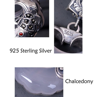 Buddha Gift 925 Sterling Silver Natural Chalcedony Lock of Good Wishes Koi Fish Luck Necklace Pendant