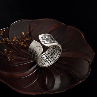 Buddha Gift 999 Sterling Silver Luck Koi Fish Lotus Heart Sutra Wealth Ring