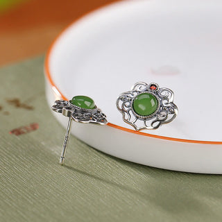 Buddha Gift 925 Sterling Silver Natural Hetian Cyan Jade Hollow Design Luck Ring Earrings Set