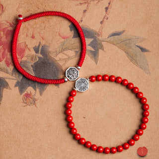 Buddha Gift 925 Sterling Silver Yin Yang Bagua Symbol Cinnabar String Concentration Bracelet