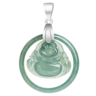Buddha Gift 925 Sterling Silver Natural Jade Round Laughing Buddha Abundance Chain Necklace Pendant
