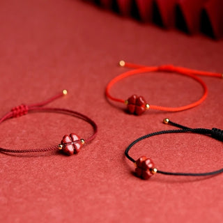 Buddha Gift Natural Cinnabar Four Leaf Clover Blessing Red String Bracelet Anklet