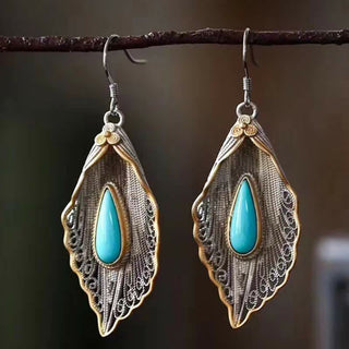 Buddha Gift 925 Sterling Silver Turquoise Bodhi Leaf Pattern Protection Drop Dangle Earrings
