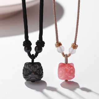 Buddha Gift Natural Silver Sheen Obsidian Red Agate Dancing Lion Protection Necklace Pendant