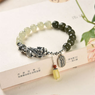Buddha Gift 925 Sterling Silver Natural Hetian Jade Amber PiXiu Luck Bracelet