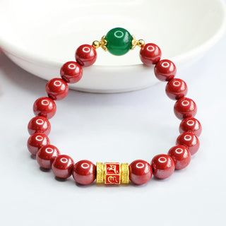 Buddha Gift Natural Cinnabar Green Agate Om Mani Padme Hum Pattern Blessing Bracelet