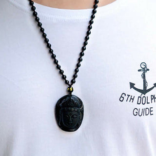 Buddha Gift Natural Black Obsidian Kwan Yin Avalokitesvara Strength String Necklace Pendant