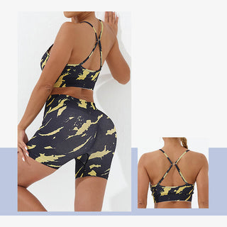 Buddha Gift 2Pcs Camo Print Backless Criss-Cross Strap Top Bra Shorts Leggings Pants Fitness Yoga Outfit Set