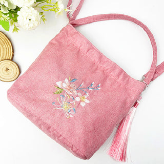 Buddha Gift Embroidery Wisteria Plum Lotus Cherry Blossom Cotton Linen Canvas Tote Crossbody Bag Shoulder Bag Handbag