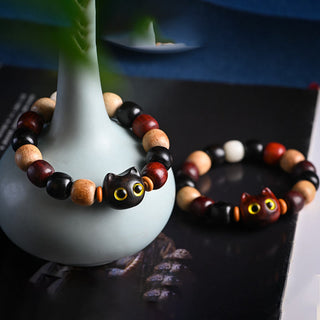 Buddha Gift Small Leaf Red Sandalwood Ebony Wood Cute Cat Engraved Protection Bracelet