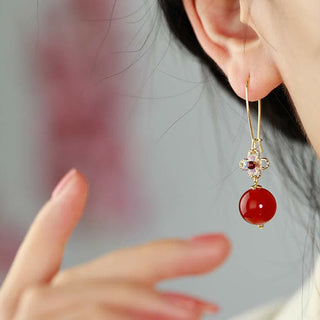 Buddha Gift 925 Sterling Silver Red Agate Flower Beaded Confidence Earrings