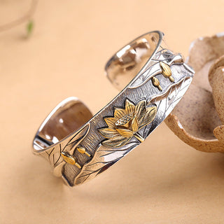 Buddha Gift 925 Sterling Silver Lotus Flower Calm Bracelet Adjustable Bangle
