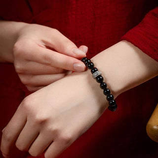 Buddha Gift Chinese Zodiac Natal Buddha 925 Sterling Silver Black Obsidian Moonstone Strength Bracelet