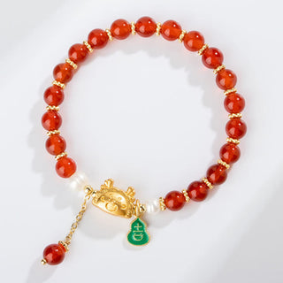 Buddha Gift Year Of The Dragon Natural Red Agate Pink Crystal Black Onyx Dumpling Luck Fu Character Bracelet