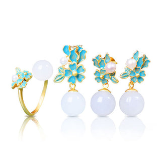 Buddha Gift White Jade 925 Sterling Silver Pearl Flower Blessing Necklace Pendant Ring Earrings