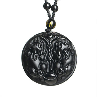 Buddha Gift Black Obsidian Double Pixiu Bead Rope Purification Necklace Pendant