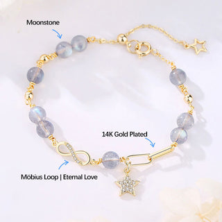 Buddha Gift 14K Gold Plated Natural Strawberry Quartz Moonstone Möbius Loop Eternal Love Star Positive Bracelet