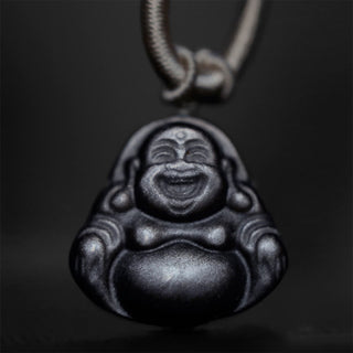 Buddha Gift Natural Silver Sheen Obsidian Laughing Buddha Protection Necklace Pendant