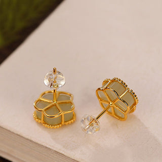 Buddha Gift 925 Sterling Silver Hetian Jade Plum Flower Luck Stud Earrings
