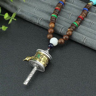 Buddha Gift Tibetan Om Mani Padme Hum Prayer Wheel Rotation Vajra Wood Necklace Pendant
