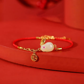 Buddha Gift 925 Sterling Silver Year of the Rabbit Hetian White Jade Luck Blessing Red String Bracelet