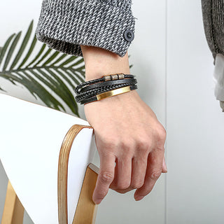 Buddha Gift Leather Multi-Layer Titanium Steel Balance Braided Magnetic Buckle Bracelet