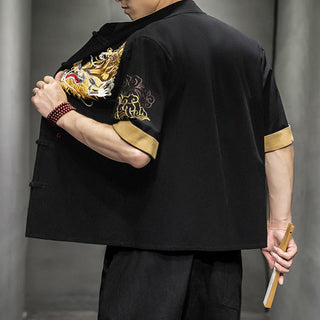 Buddha Gift Frog-Button Chinese Dragon Auspicious Cloud Embroidery Half Sleeve Shirt Cotton Linen Men Clothing