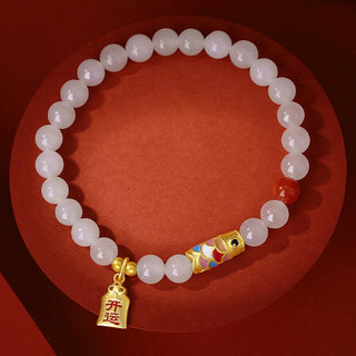 Buddha Gift 925 Sterling Silver Hetian White Jade Red Agate Koi Fish Luck Happiness Bracelet