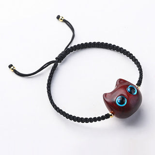 Buddha Gift Small Leaf Red Sandalwood Ebony Wood Cute Cat Head Calm Protection Braided Bracelet