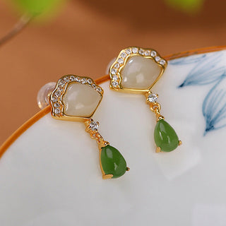 Buddha Gift White Jade Cyan Jade Fan Water Drop Pattern Luck Drop Earrings