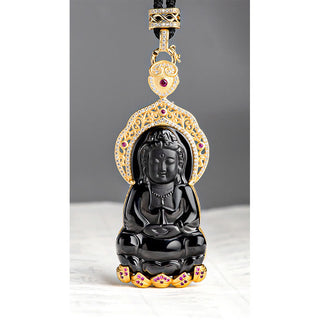 Buddha Gift 925 Sterling Silver Natural Black Jade Kwan Yin Avalokitesvara Wealth Necklace Pendant