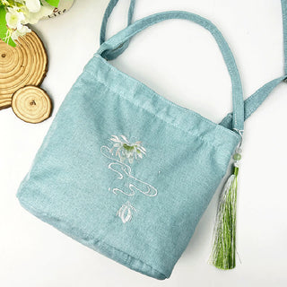 Buddha Gift Embroidery Wisteria Plum Lotus Cherry Blossom Cotton Linen Canvas Tote Crossbody Bag Shoulder Bag Handbag