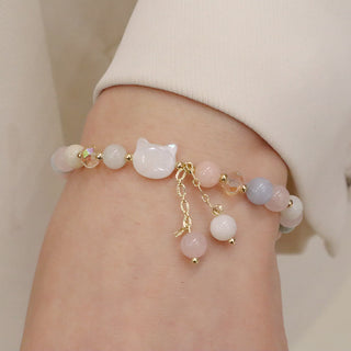 Buddha Gift Natural Strawberry Quartz Morganite Tridacna Stone Cat Love Bracelet
