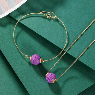 Buddha Gift 925 Sterling Silver Plated Gold Natural Purple Mica Stone Relief Bead Positive Necklace Pendant Bracelet Set
