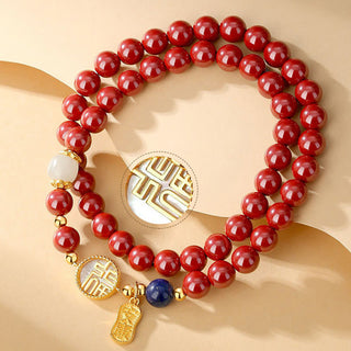 Buddha Gift 925 Sterling Silver Cinnabar Tridacna Stone Fu Character Double Wrap Blessing Bracelet