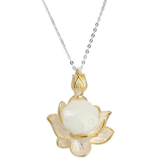 Buddha Gift White Jade Lotus Flower Happiness Necklace