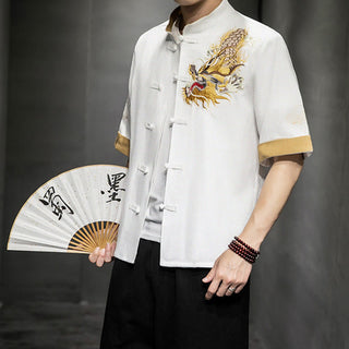 Buddha Gift Frog-Button Chinese Dragon Auspicious Cloud Embroidery Half Sleeve Shirt Cotton Linen Men Clothing