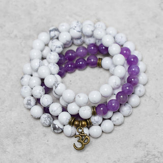 Buddha Gift 108 Mala Beads Amethyst White Turquoise OM Healing Meditation Energy Bracelet