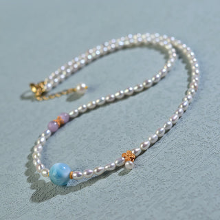 Buddha Gift 925 Sterling Silver Natural Pearl Larimar Sincerity Necklace Pendant