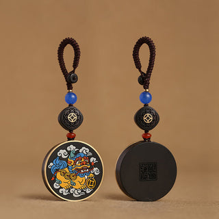 Buddha Gift PiXiu Copper Coin Ebony Wood Luck Attract Wealth Key Chain Decoration